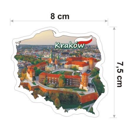 Wodoodporna i kolorowa naklejka w kształcie konturu Polski i Wawelem w Krakowie latem. Posiada napis Kraków i jest szerokości 8 cm.