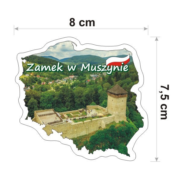 Wodoodporna i kolorowa naklejka w kształcie konturu Polski z Zamkiem w Muszynie. Posiada napis Zamek w Muszynie i jest szerokości 8 cm.