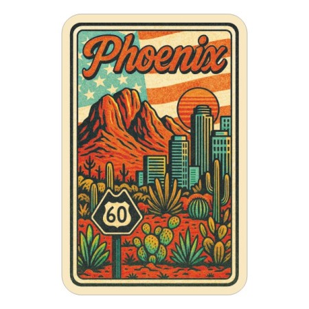 Naklejka w stylu retro lat 80-tych Phoenix z symbolami tego miasta. Naklejka jest wodoodporna, prostokątna i kolorowa z kremową obwódką.