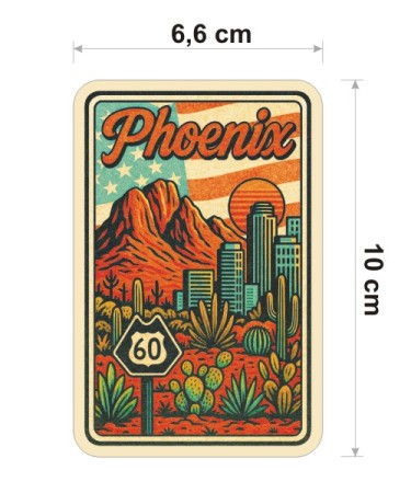 Kolorowa, wodoodporna naklejka w stylu retro lat 80-tych o wysokości 10 cm. Naklejka przedstawia Phoenix i napis Phoenix.