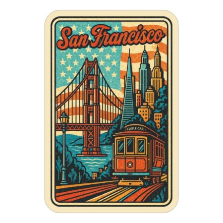 Naklejka w stylu retro lat 80-tych San Francisco z symbolami tego stanu. Naklejka jest wodoodporna, prostokątna i kolorowa z kremową obwódką.