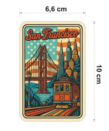 Kolorowa, wodoodporna naklejka w stylu retro lat 80-tych o wysokości 10 cm. Naklejka przedstawia San Fransisko i napis San Francisco.