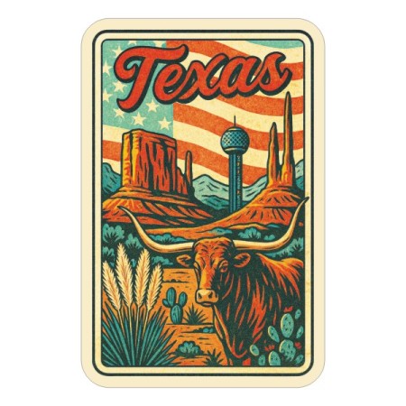 Naklejka w stylu retro lat 80-tych Texas z symbolami tego stanu. Naklejka jest wodoodporna, prostokątna i kolorowa z kremową obwódką.
