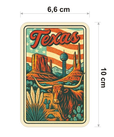Kolorowa, wodoodporna naklejka w stylu retro lat 80-tych o wysokości 10 cm. Naklejka przedstawia Teksas i napis Texas.