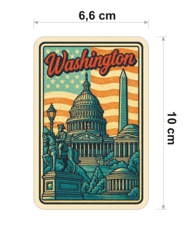 Kolorowa, wodoodporna naklejka w stylu retro lat 80-tych o wysokości 10 cm. Naklejka przedstawia Waszyngton i napis Washington.