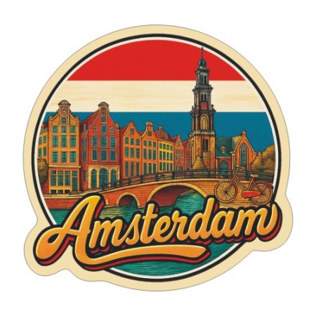 Naklejka Amsterdam z symbolami tego miasta, napisem Amsterdam i flagą Holandii w tle. Naklejka jest wodoodporna, okrągła i kolorowa z kremową obwódką.