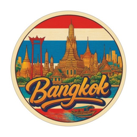 Naklejka Bangkok z symbolami tego miasta, napisem Bangkok i flagą Tajlandii w tle. Naklejka jest wodoodporna, okrągła i kolorowa z kremową obwódką.