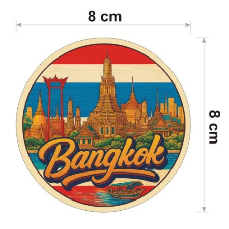 Kolorowa, wodoodporna naklejka o średnicy 8 cm. Naklejka przedstawia kilka elementów Bangkoku, flagę Tajlandii w tle i napis Bangkok.
