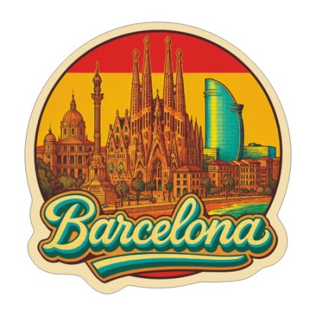 Naklejka Barcelona z symbolami tego miasta, napisem Barcelona i flagą Hiszpanii w tle. Naklejka jest wodoodporna, okrągła i kolorowa z kremową obwódką.