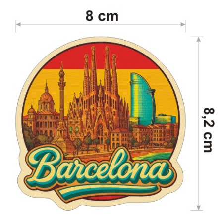 Kolorowa, wodoodporna naklejka o średnicy 8 cm. Naklejka przedstawia kilka elementów Barcelony, flagę Hiszpanii w tle i napis Barcelona.
