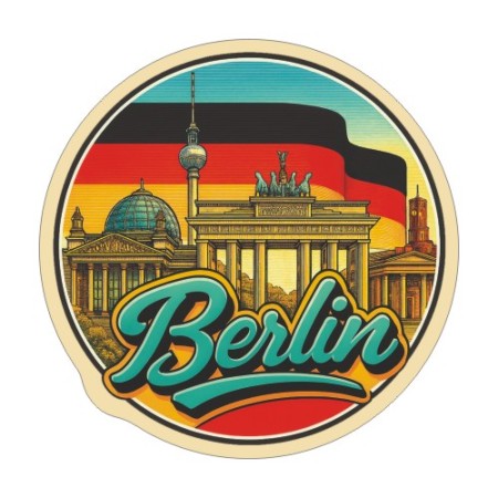 Naklejka Berlina z symbolami tego miasta, napisem Berlin i flagą Niemiec w tle. Naklejka jest wodoodporna, okrągła i kolorowa z kremową obwódką.