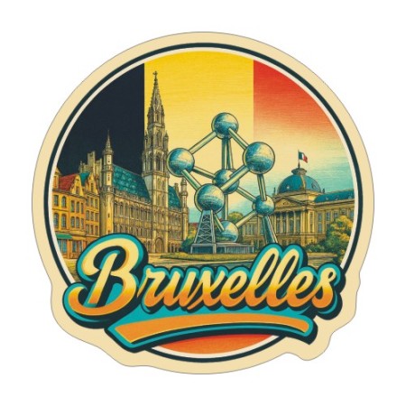 Naklejka Brukseli z symbolami tego miasta, napisem Bruxelles i flagą Belgii w tle. Naklejka jest wodoodporna, okrągła i kolorowa z kremową obwódką.