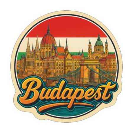 Naklejka Budapesztu z symbolami tego miasta, napisem Budapeszt i flagą Węgier w tle. Naklejka jest wodoodporna, okrągła i kolorowa z kremową obwódką.
