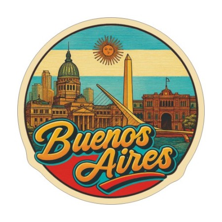 Naklejka Buenos Aires z symbolami tego miasta, napisem Buenos Aires i flagą Argentyny w tle. Naklejka jest wodoodporna, okrągła i kolorowa z kremową obwódką.