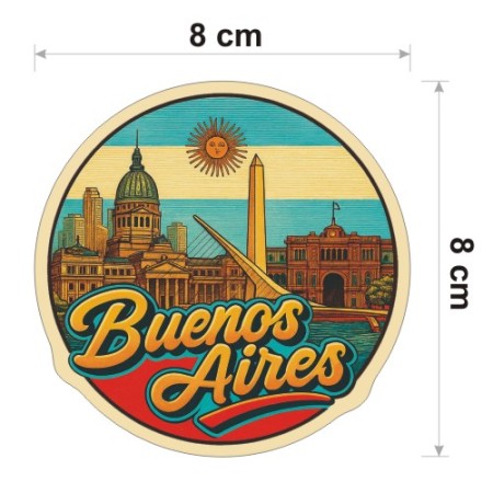 Kolorowa, wodoodporna naklejka o średnicy 8 cm. Naklejka przedstawia kilka elementów Buenos Aires, flagę Argentyny w tle i napis Buenos Aires.