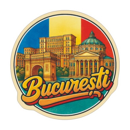 Naklejka Bukaresztu z symbolami tego miasta, napisem Bucuresti i flagą Rumunii w tle. Naklejka jest wodoodporna, okrągła i kolorowa z kremową obwódką.