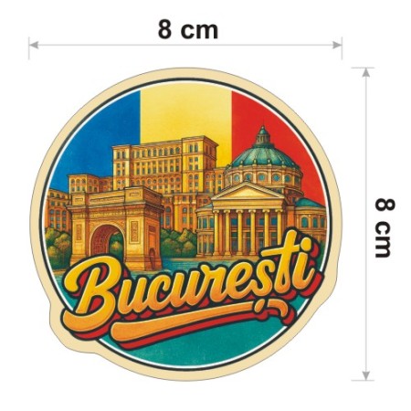 Kolorowa, wodoodporna naklejka o średnicy 8 cm. Naklejka przedstawia kilka elementów Bukaresztu, flagę Rumunii w tle i napis Bucuresti.