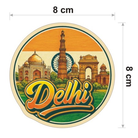 Kolorowa, wodoodporna naklejka o średnicy 8 cm. Naklejka przedstawia kilka elementów Delhi, flagę Indii w tle i napis Delhi.