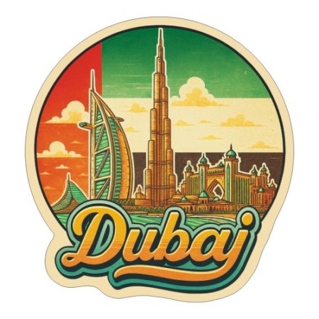 Naklejka Dubaju z symbolami tego miasta, napisem Dubaj i flagą Zjednoczonych Emiratów Arabskich w tle. Naklejka jest wodoodporna, okrągła i kolorowa z kremową obwódką.