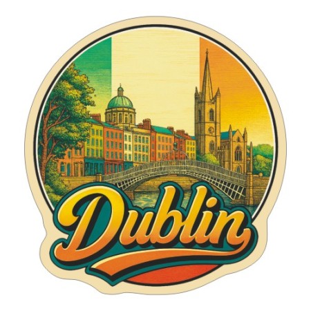 Naklejka Dublin z symbolami tego miasta, napisem Dublin i flagą Irlandii w tle. Naklejka jest wodoodporna, okrągła i kolorowa z kremową obwódką.
