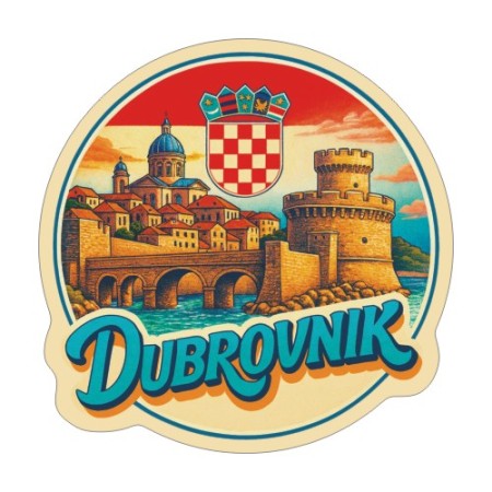 Naklejka Dubrownik z symbolami tego miasta, napisem Dubrovnik i flagą Chorwacji w tle. Naklejka jest wodoodporna, okrągła i kolorowa z kremową obwódką.