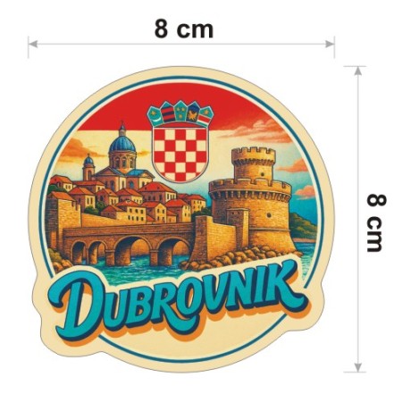 Kolorowa, wodoodporna naklejka o średnicy 8 cm. Naklejka przedstawia kilka elementów Dubrownika, flagę Chorwacji w tle i napis Dubrovnik.