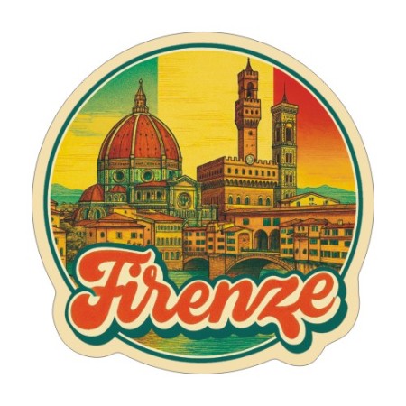 Naklejka Florencja z symbolami tego miasta, napisem Firenze i flagą Włoch w tle. Naklejka jest wodoodporna, okrągła i kolorowa z kremową obwódką.
