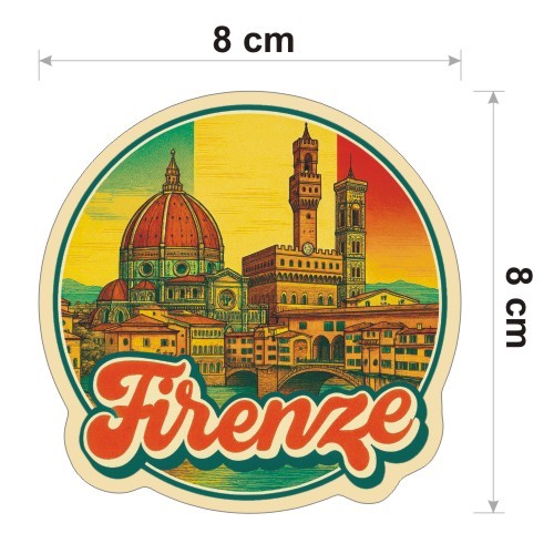 Kolorowa, wodoodporna naklejka o średnicy 8 cm. Naklejka przedstawia kilka elementów Florencji, flagę Włoch w tle i napis Firenze.