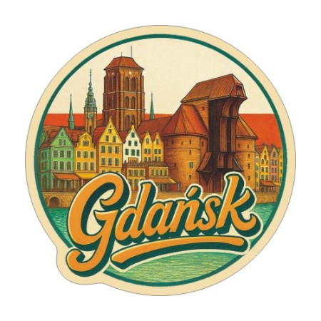 Naklejka Gdańska z symbolami tego miasta, napisem Gdańsk i flagą Polski w tle. Naklejka jest wodoodporna, okrągła i kolorowa z kremową obwódką.