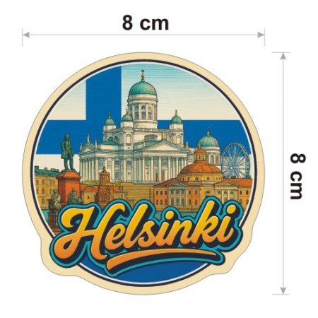Kolorowa, wodoodporna naklejka o średnicy 8 cm. Naklejka przedstawia kilka elementów Helsinek, flagę Finlandii w tle i napis Helsinki.