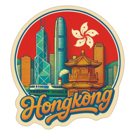 Naklejka Hongkongu z symbolami tego miasta, napisem Hongkong i flagą Hongkongu w tle. Naklejka jest wodoodporna, okrągła i kolorowa z kremową obwódką.
