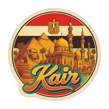 Naklejka Kairu z symbolami tego miasta, napisem Kair i flagą Egiptu w tle. Naklejka jest wodoodporna, okrągła i kolorowa z kremową obwódką.