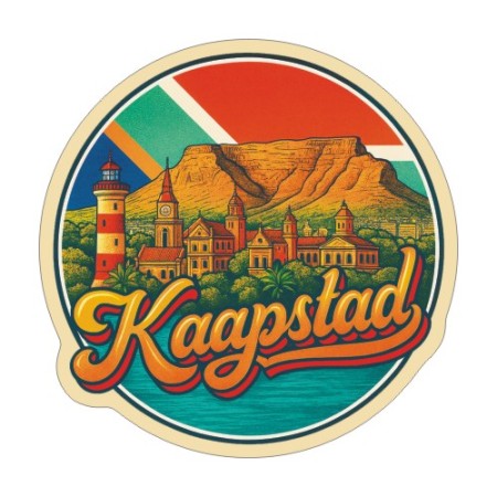 Naklejka Kapsztadu z symbolami tego miasta, napisem Kaapstad i flagą Południowej Afryki w tle. Naklejka jest wodoodporna, okrągła i kolorowa z kremową obwódką.