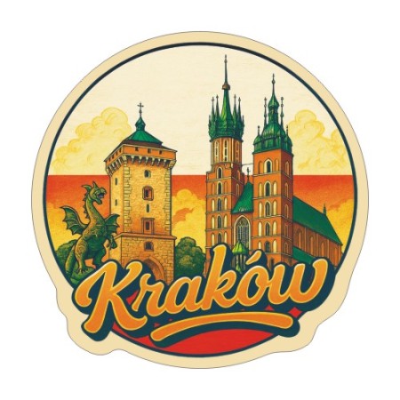 Naklejka Krakowa z symbolami tego miasta, napisem Kraków i flagą Polski w tle. Naklejka jest wodoodporna, okrągła i kolorowa z kremową obwódką.