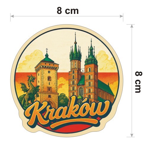 Kolorowa, wodoodporna naklejka o średnicy 8 cm. Naklejka przedstawia kilka elementów Krakowa, flagę Polski w tle i napis Kraków.