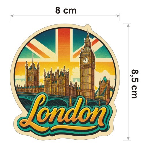 Kolorowa, wodoodporna naklejka o średnicy 8 cm. Naklejka przedstawia kilka elementów Londynu, flagę Wielkiej Brytanii w tle i napis London.