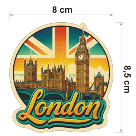 Kolorowa, wodoodporna naklejka o średnicy 8 cm. Naklejka przedstawia kilka elementów Londynu, flagę Wielkiej Brytanii w tle i napis London.