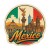Naklejka miasta Meksyk z symbolami tego miasta, napisem México i flagą Meksyku w tle. Naklejka jest wodoodporna, okrągła i kolorowa z kremową obwódką.