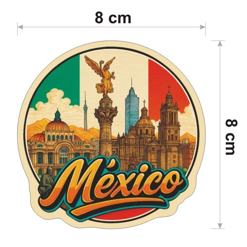 Kolorowa, wodoodporna naklejka o średnicy 8 cm. Naklejka przedstawia kilka elementów miasta Meksyk, flagę Meksyku w tle i napis México.