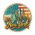 Naklejka Nowy Jork z symbolami tego miasta, napisem New York i flagą Nowego Jorku w tle. Naklejka jest wodoodporna, okrągła i kolorowa z kremową obwódką.