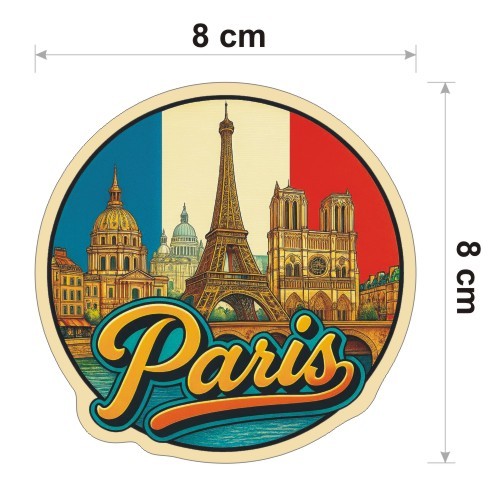 Kolorowa, wodoodporna naklejka o średnicy 8 cm. Naklejka przedstawia kilka elementów Paryża, flagę Francji w tle i napis Paris.