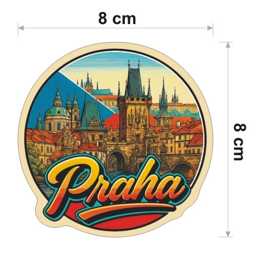 Kolorowa, wodoodporna naklejka o średnicy 8 cm. Naklejka przedstawia kilka elementów Pragi, flagę Czech w tle i napis Praha.