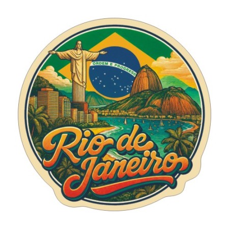 Naklejka Rio de Janeiro z symbolami tego miasta, napisem Rio de Janeiro i flagą Brazylii w tle. Naklejka jest wodoodporna, okrągła i kolorowa z kremową obwódką.
