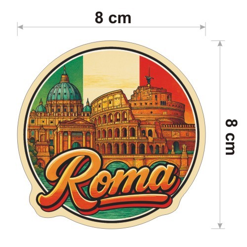 Kolorowa, wodoodporna naklejka o średnicy 8 cm. Naklejka przedstawia kilka elementów Rzymu, flagę Włoch w tle i napis Roma.