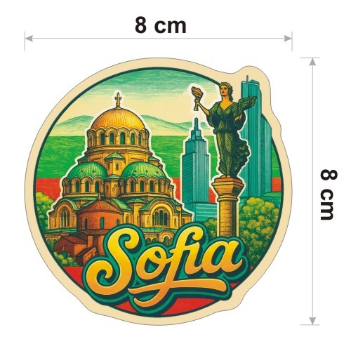 Kolorowa, wodoodporna naklejka o średnicy 8 cm. Naklejka przedstawia kilka elementów Sofii, flagę Włoch w tle i napis Sofia.