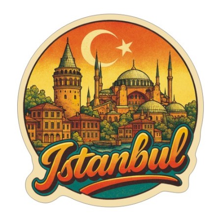 Naklejka Stambuł z symbolami tego miasta, napisem Istanbul i flagą Turcji w tle. Naklejka jest wodoodporna, okrągła i kolorowa z kremową obwódką.