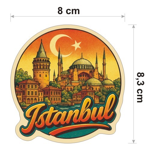 Kolorowa, wodoodporna naklejka o średnicy 8 cm. Naklejka przedstawia kilka elementów Stambułu, flagę Turcji w tle i napis Istanbul.