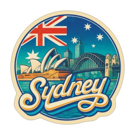 Naklejka Sydney z symbolami tego miasta, napisem Sydney i flagą Australii w tle. Naklejka jest wodoodporna, okrągła i kolorowa z kremową obwódką.