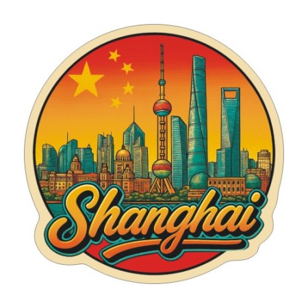 Naklejka Szanghaj z symbolami tego miasta, napisem Shanghai flagą Chin w tle. Naklejka jest wodoodporna, okrągła i kolorowa z kremową obwódką.
