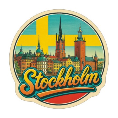 Naklejka Sztokholm z symbolami tego miasta, napisem Stockholm i flagą Szwecji w tle. Naklejka jest wodoodporna, okrągła i kolorowa z kremową obwódką.